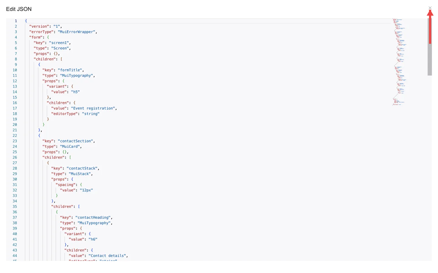 Edit JSON modal open with a red arrow pointing to the close button.