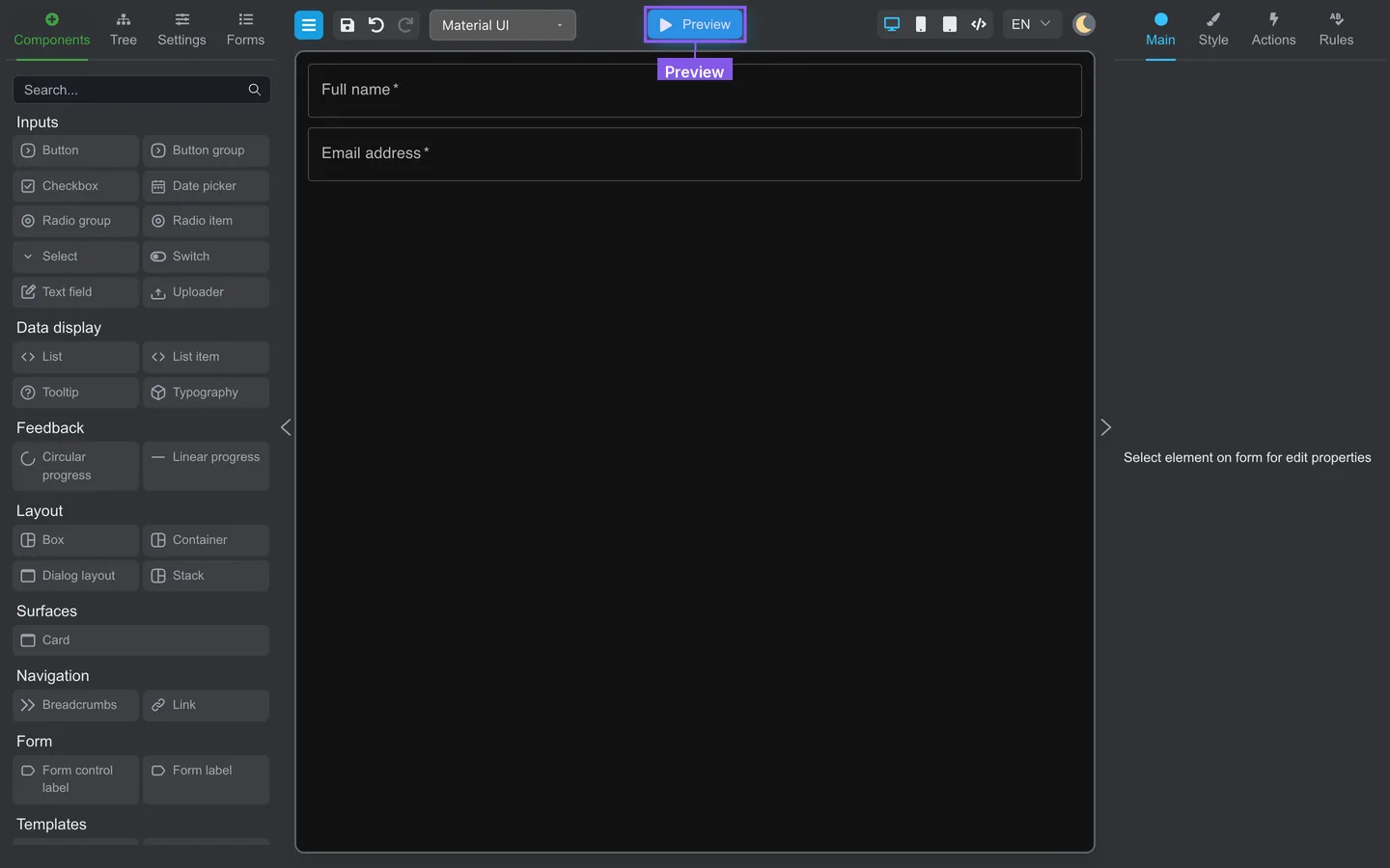 Preview button in the top bar.
