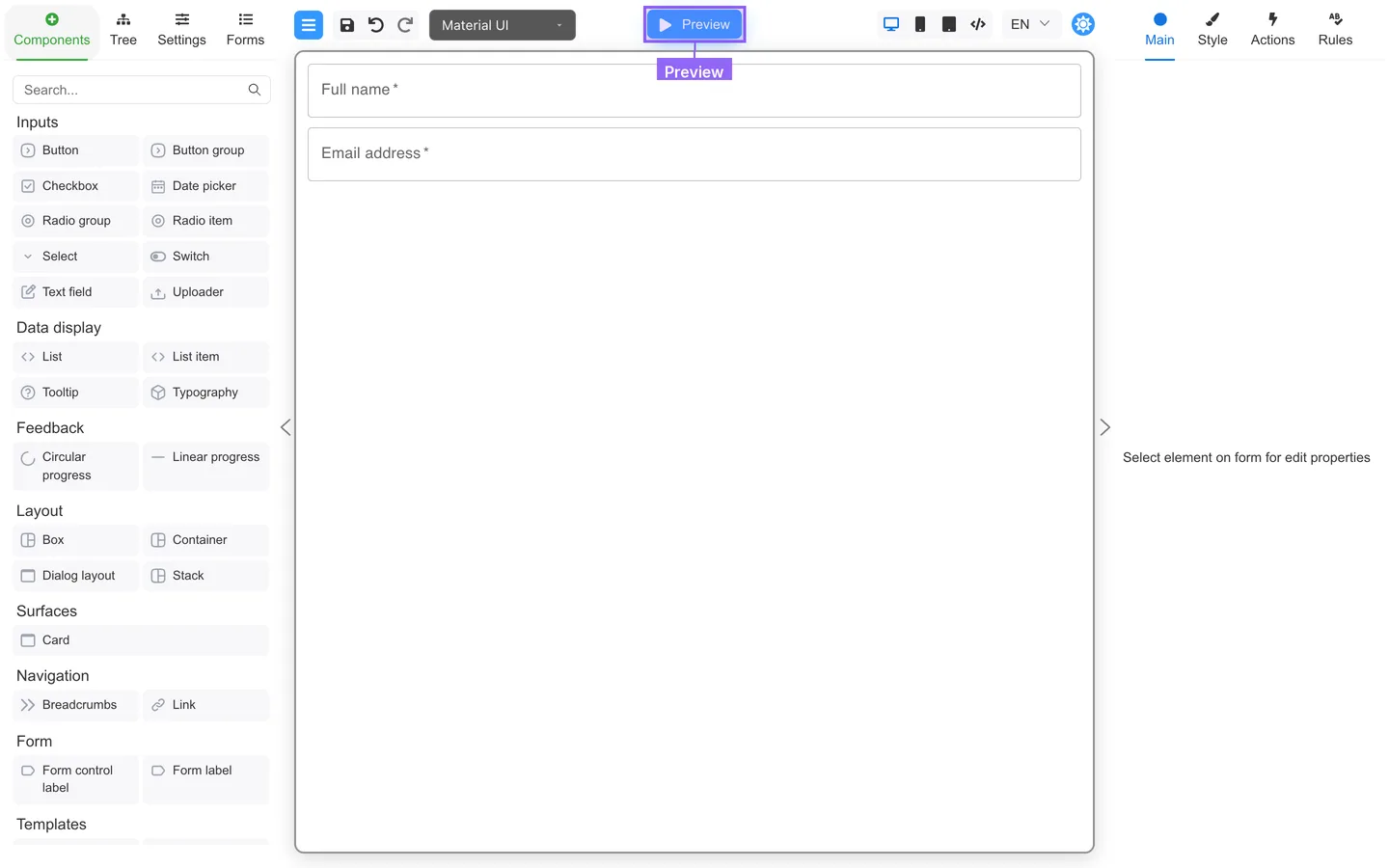 Preview button in the top bar.