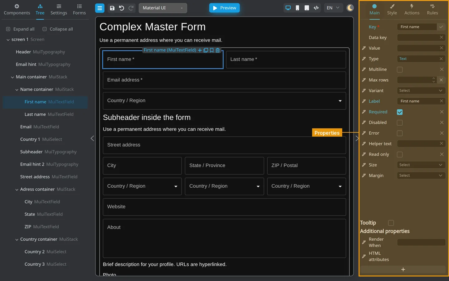 Properties panel highlighted with Main tab selected.