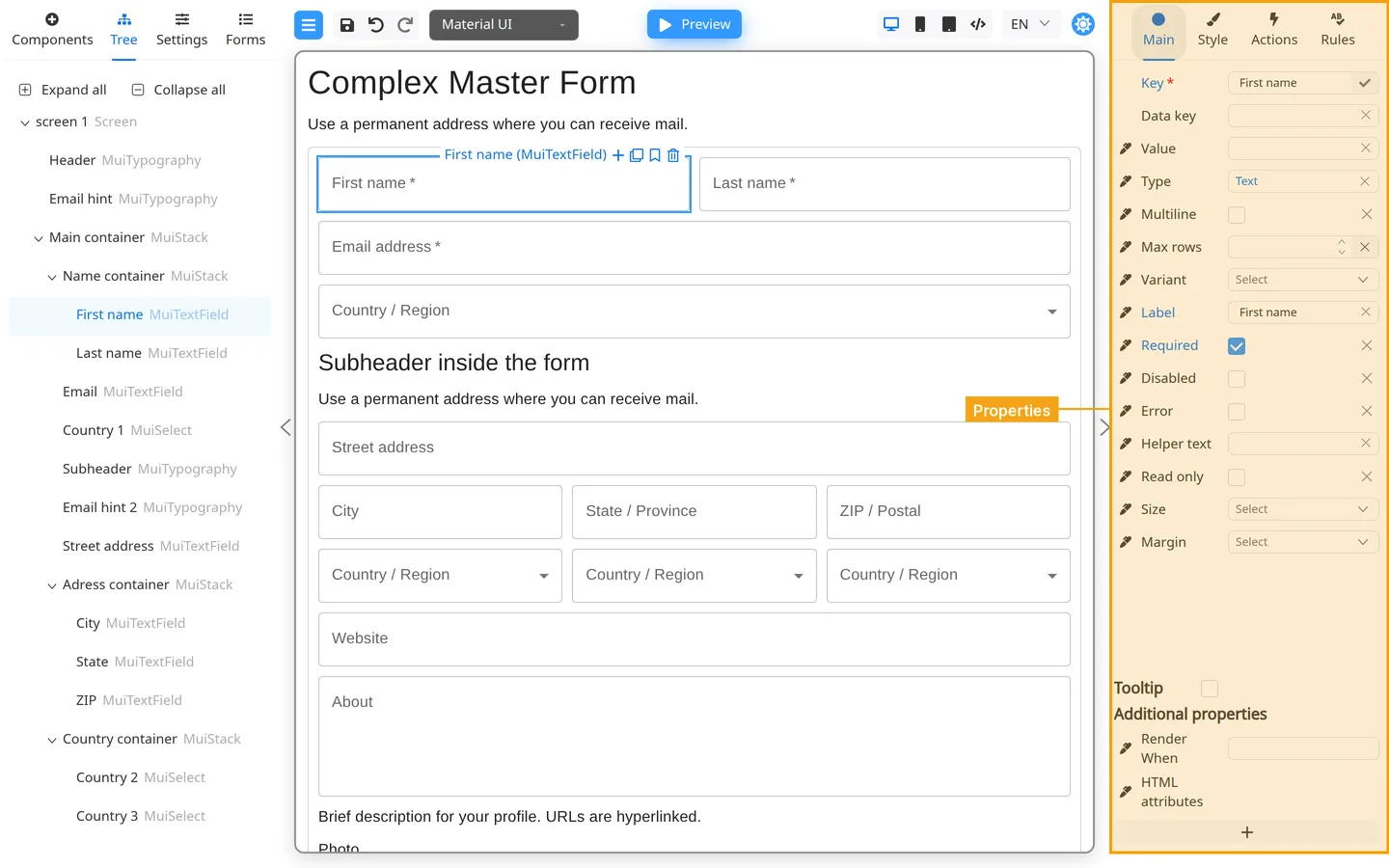 Properties panel highlighted with Main tab selected.
