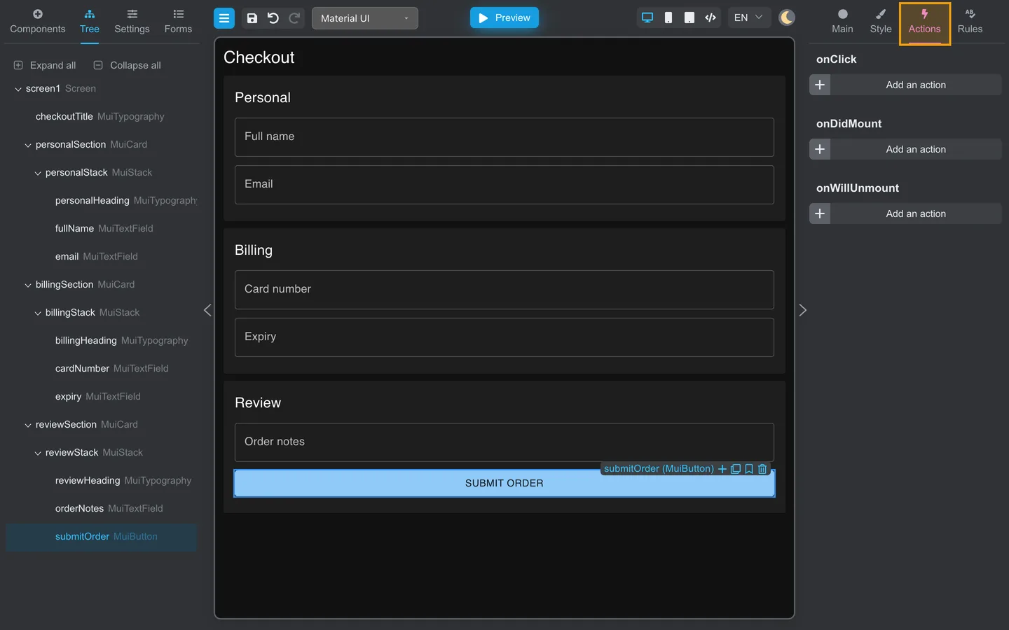 Right panel Actions tab highlighted for the Submit order button on the Checkout form.