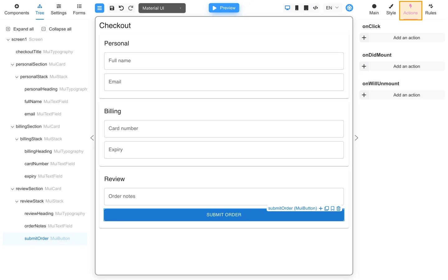 Right panel Actions tab highlighted for the Submit order button on the Checkout form.