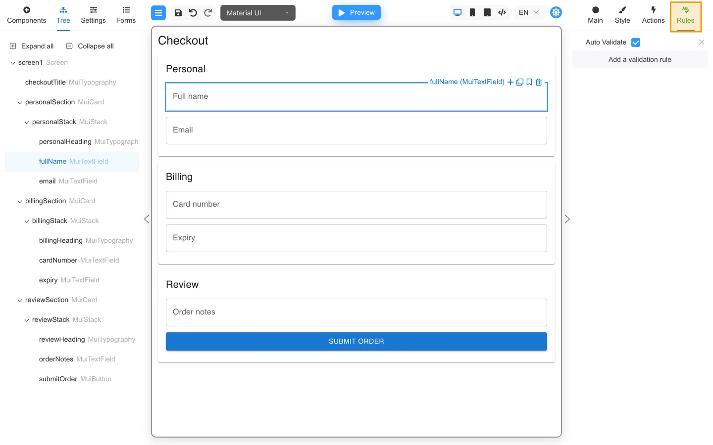 Right panel Rules tab highlighted for the Full name field on the Checkout form.