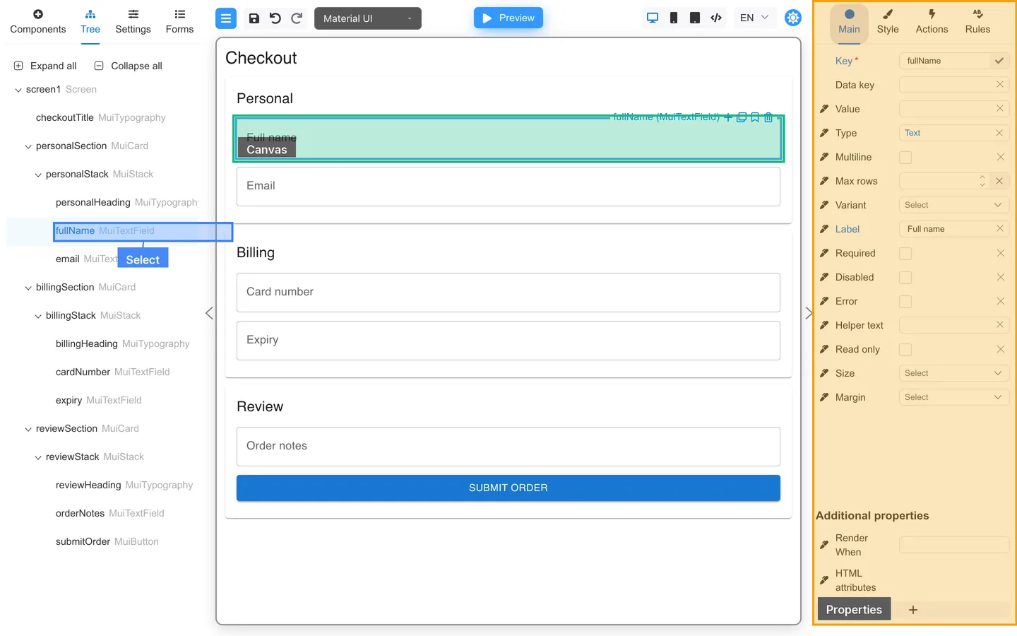 fullName selected in Tree and the Full name field selected on the Checkout canvas.