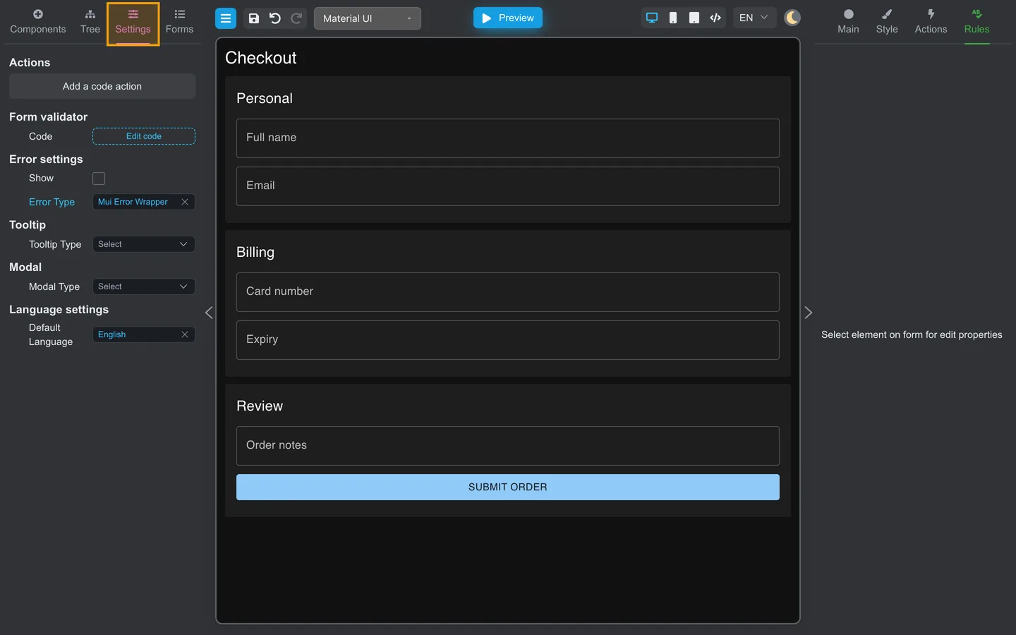 Settings tab on the left panel highlighted on the Checkout form.