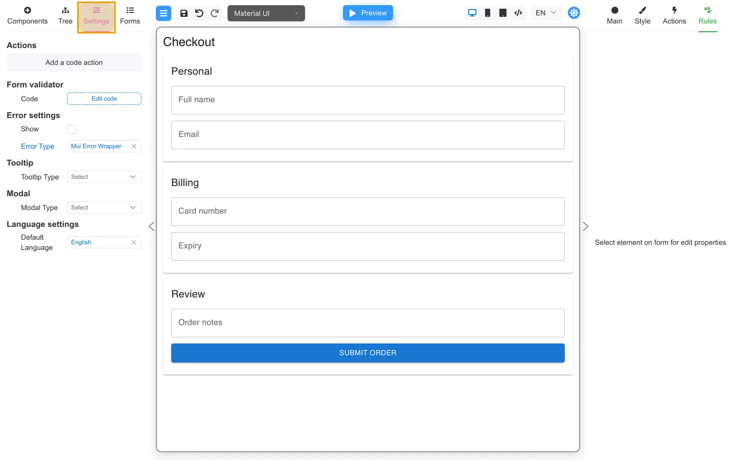 Settings tab on the left panel highlighted on the Checkout form.