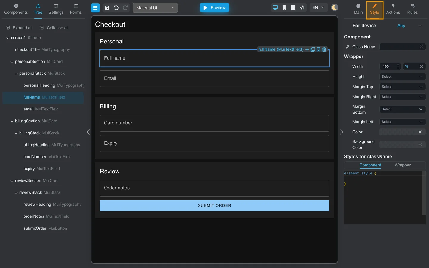 Right panel Style tab highlighted for the Full name field on the Checkout form.