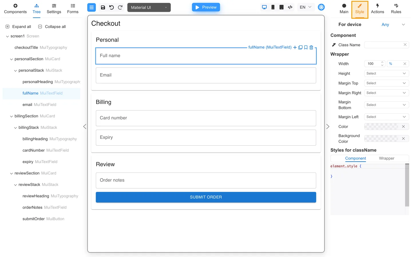 Right panel Style tab highlighted for the Full name field on the Checkout form.