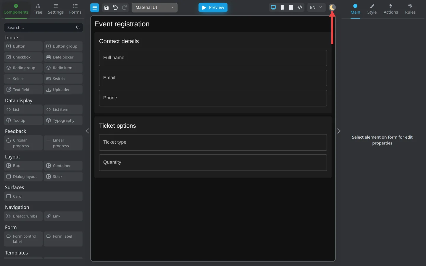 Red arrow pointing to the Toggle theme button in the header.
