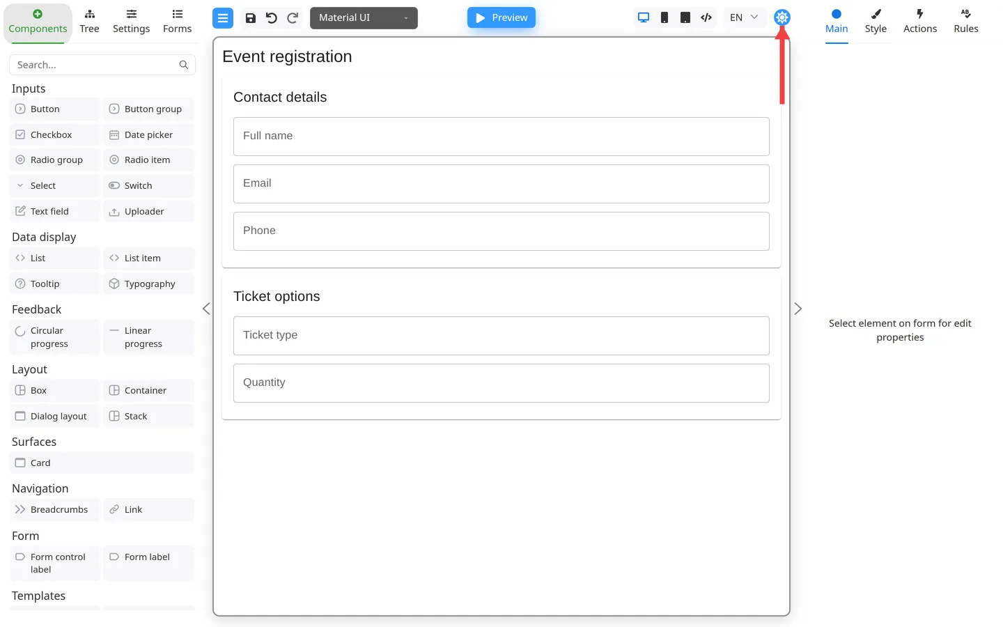 Red arrow pointing to the Toggle theme button in the header.