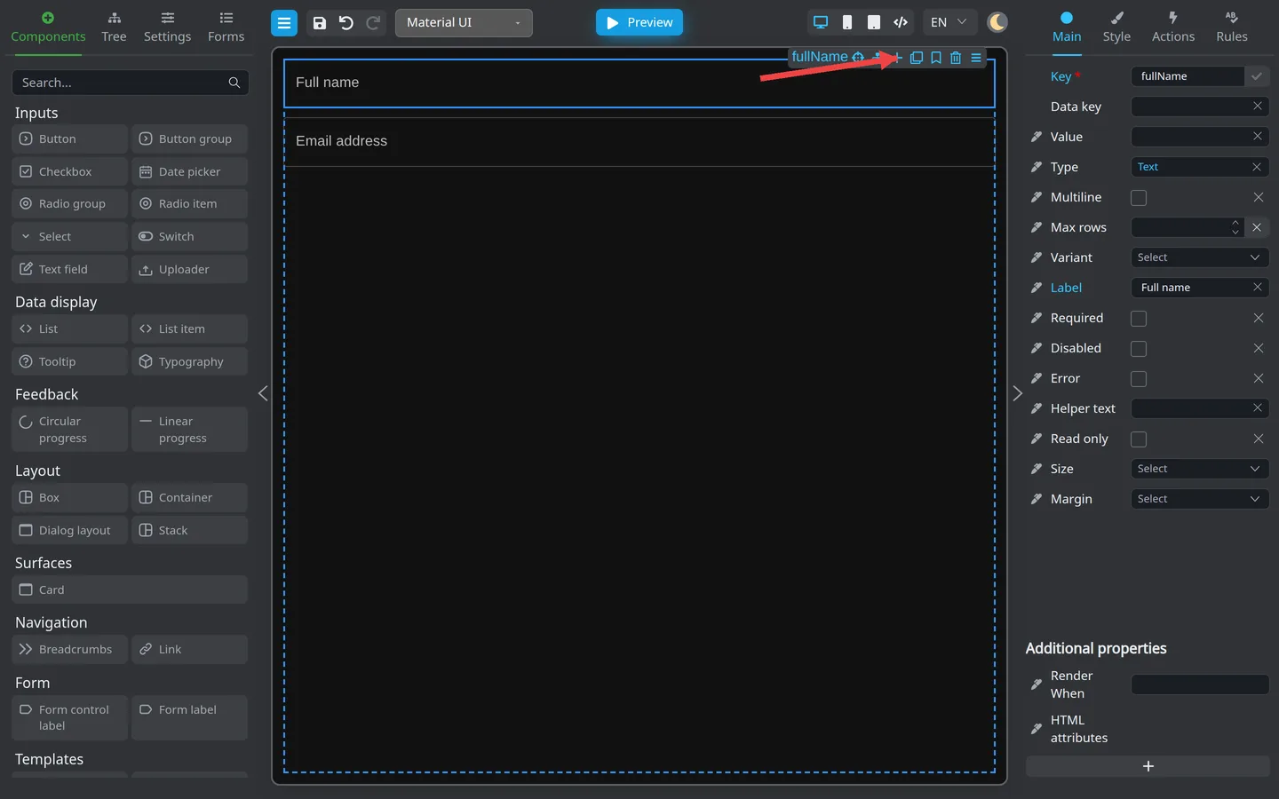 Floating toolbar with an arrow pointing at the Add (+) button.