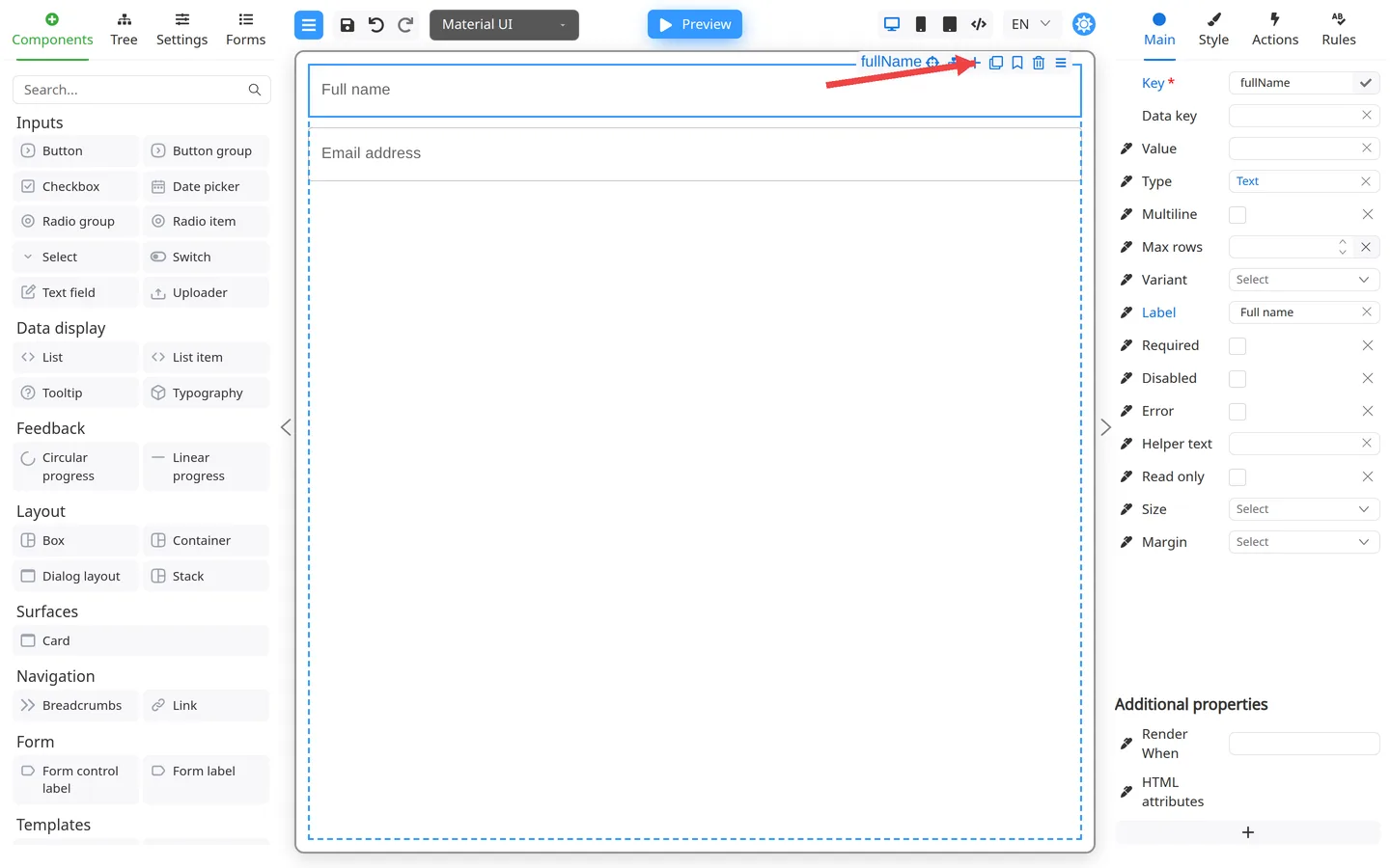 Floating toolbar with an arrow pointing at the Add (+) button.