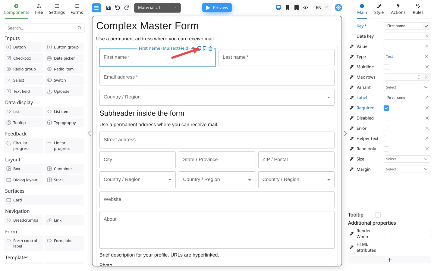 Selected component with an arrow pointing to the clone button on the floating toolbar.