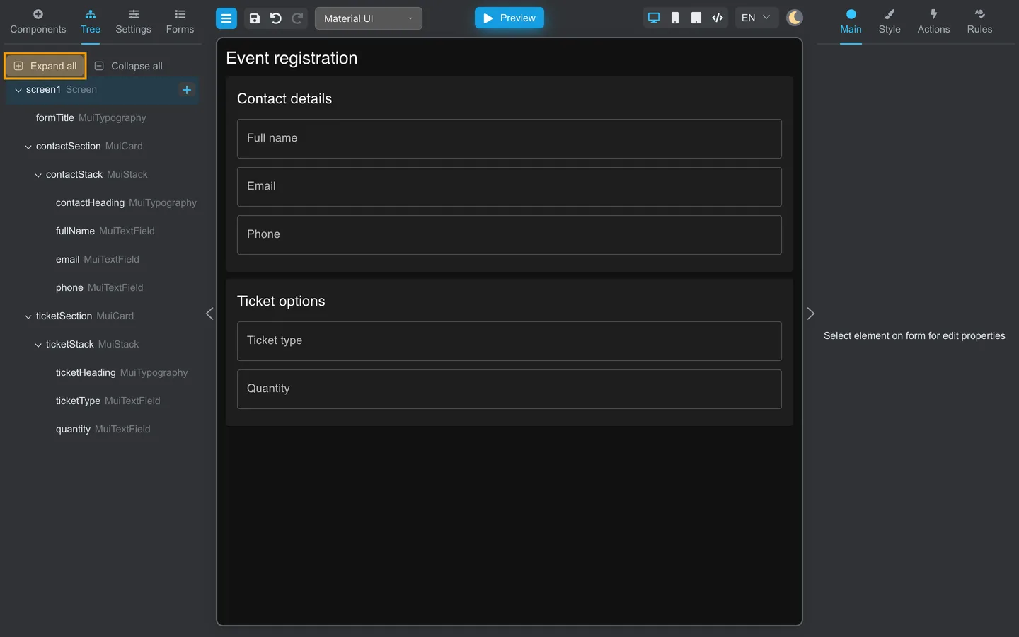Tree tab with Expand all highlighted and nested containers expanded.