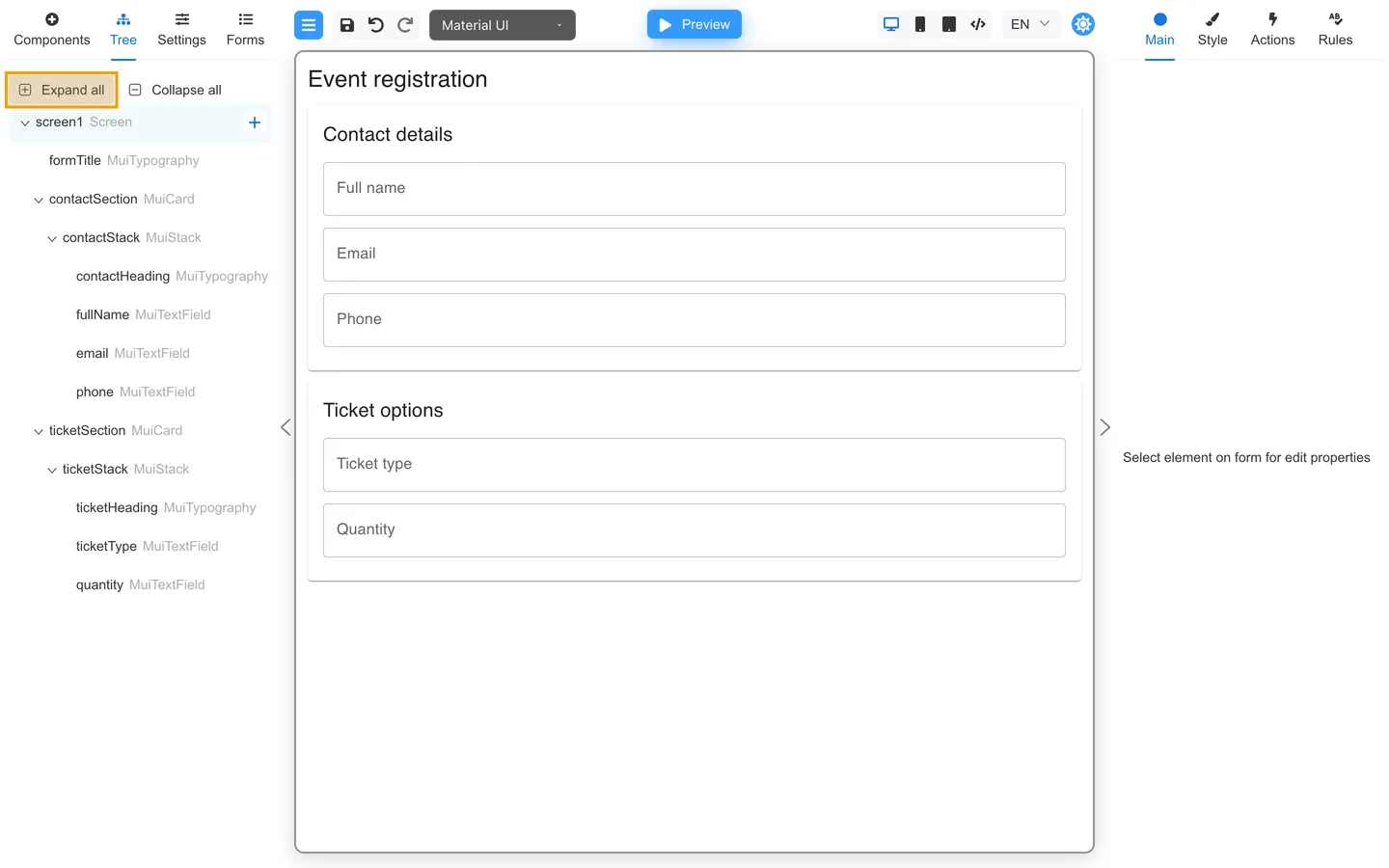 Tree tab with Expand all highlighted and nested containers expanded.