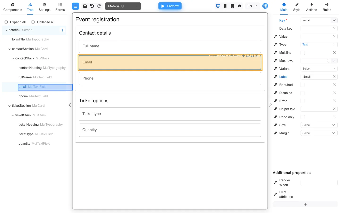 email selected in Tree with the matching Email field highlighted on the canvas.