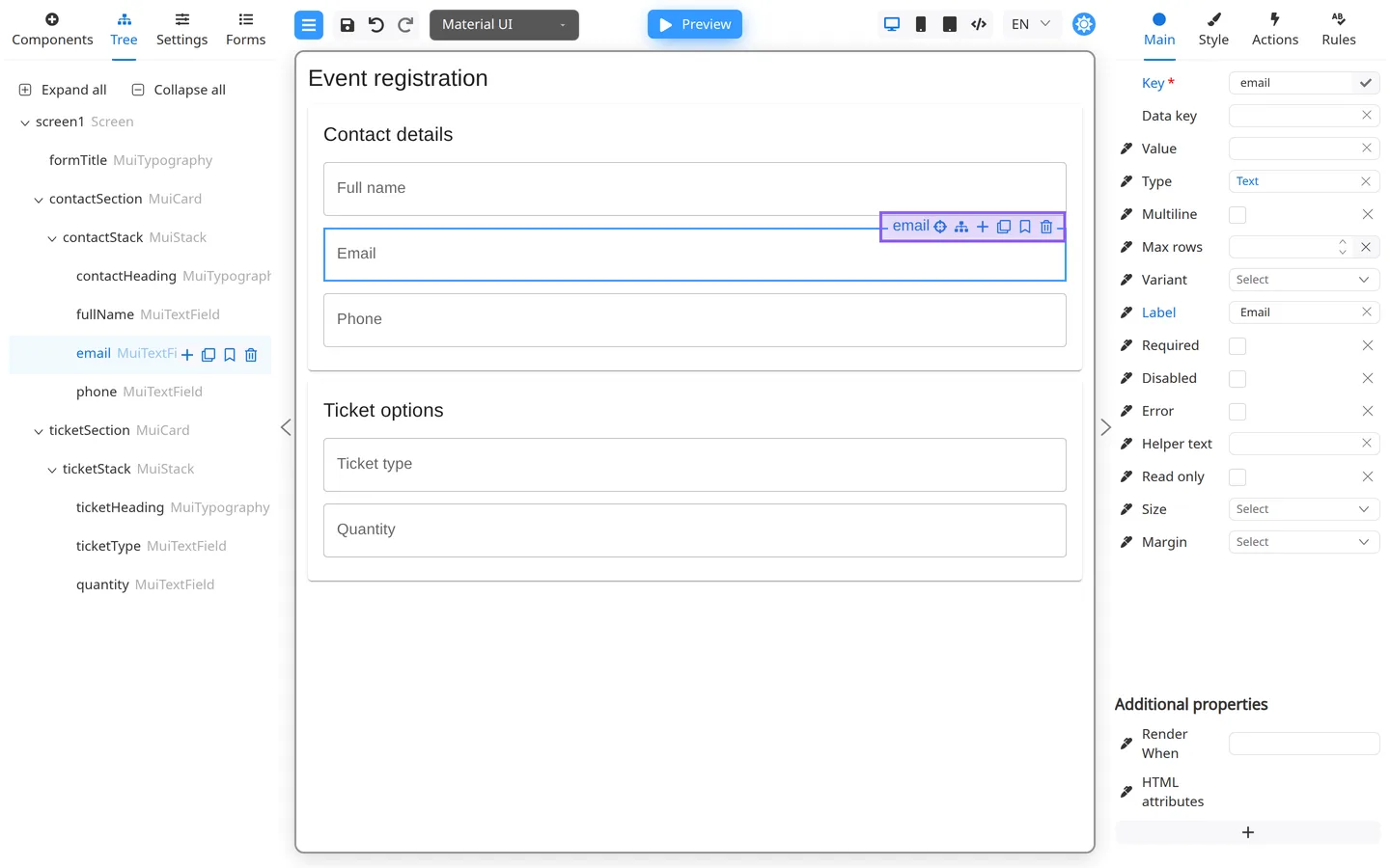 Tree row for email with the compact toolbar open on hover: Add, Clone, Preset, and Remove.