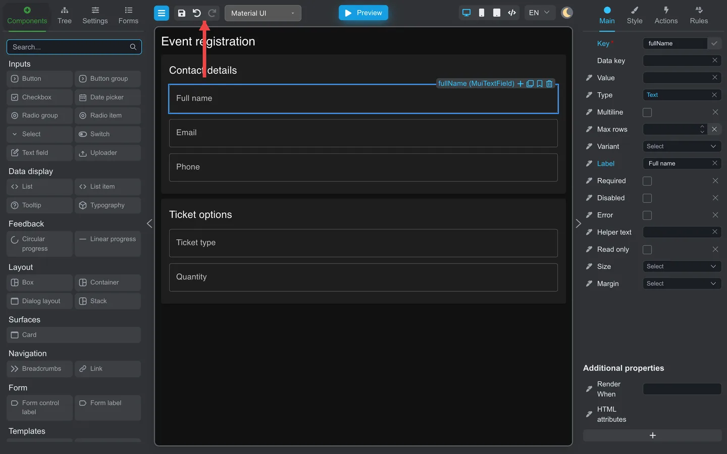 Red arrow pointing to the Undo and Redo buttons in the header toolbar.