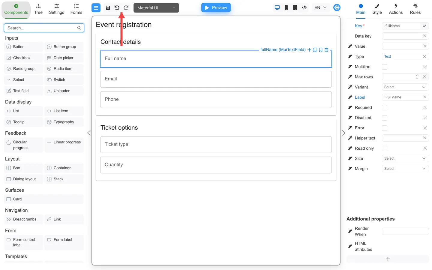 Red arrow pointing to the Undo and Redo buttons in the header toolbar.