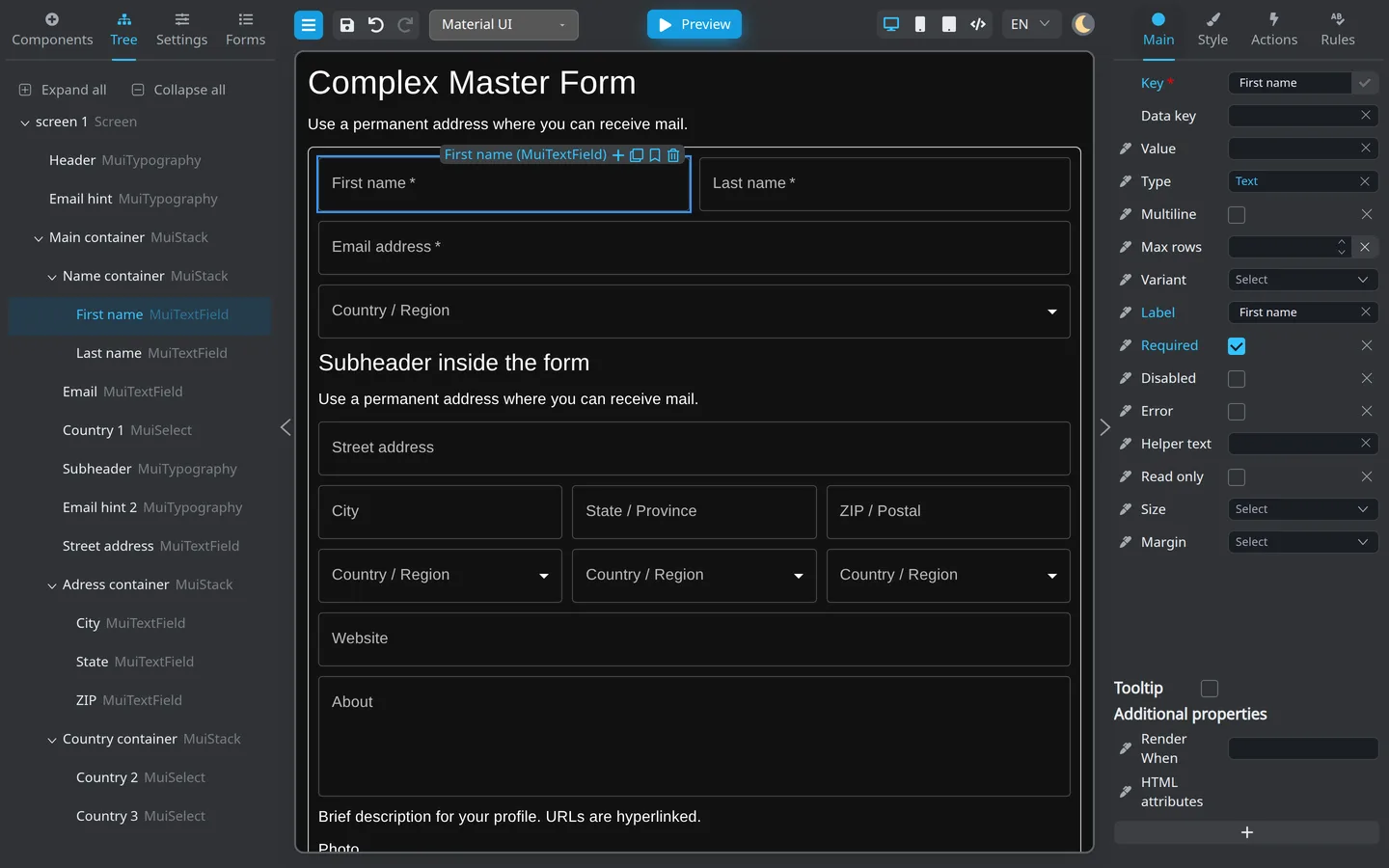 Main tab where default values are set.