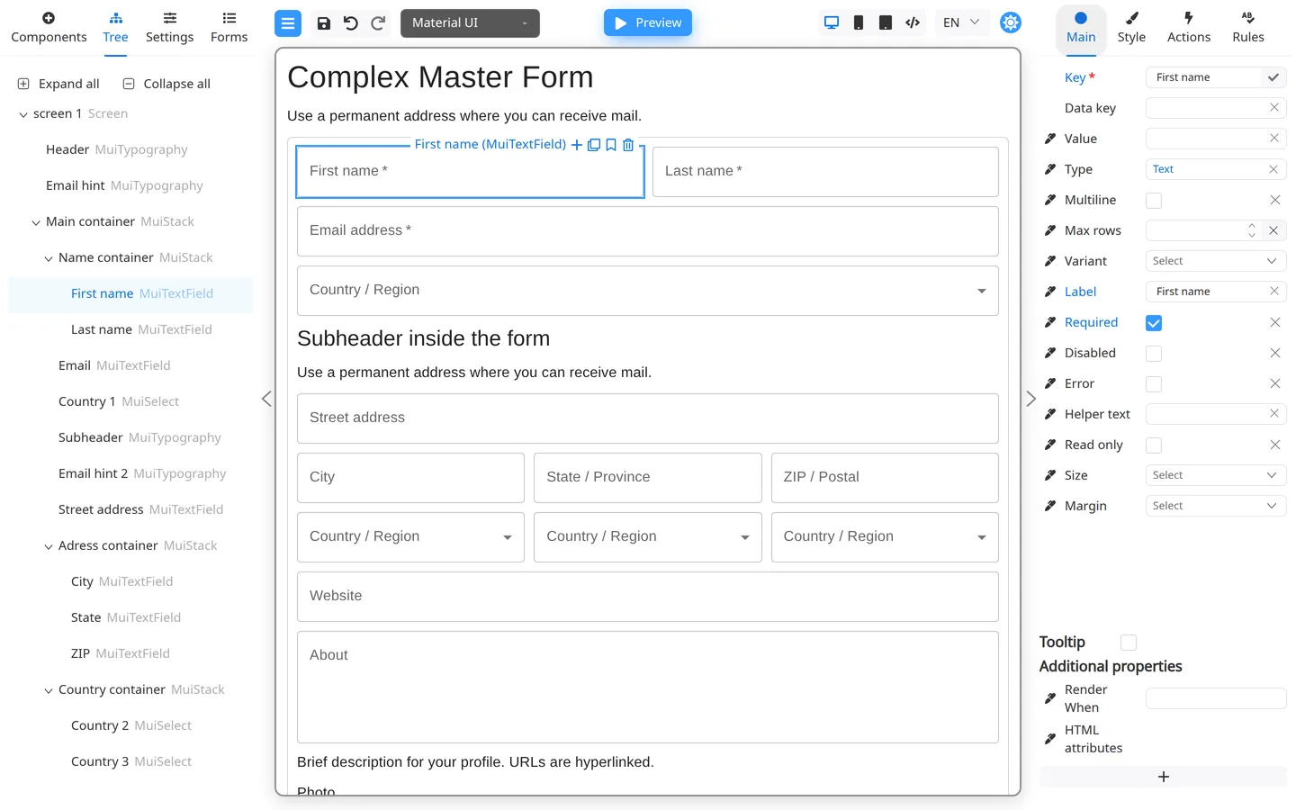 Main tab where default values are set.