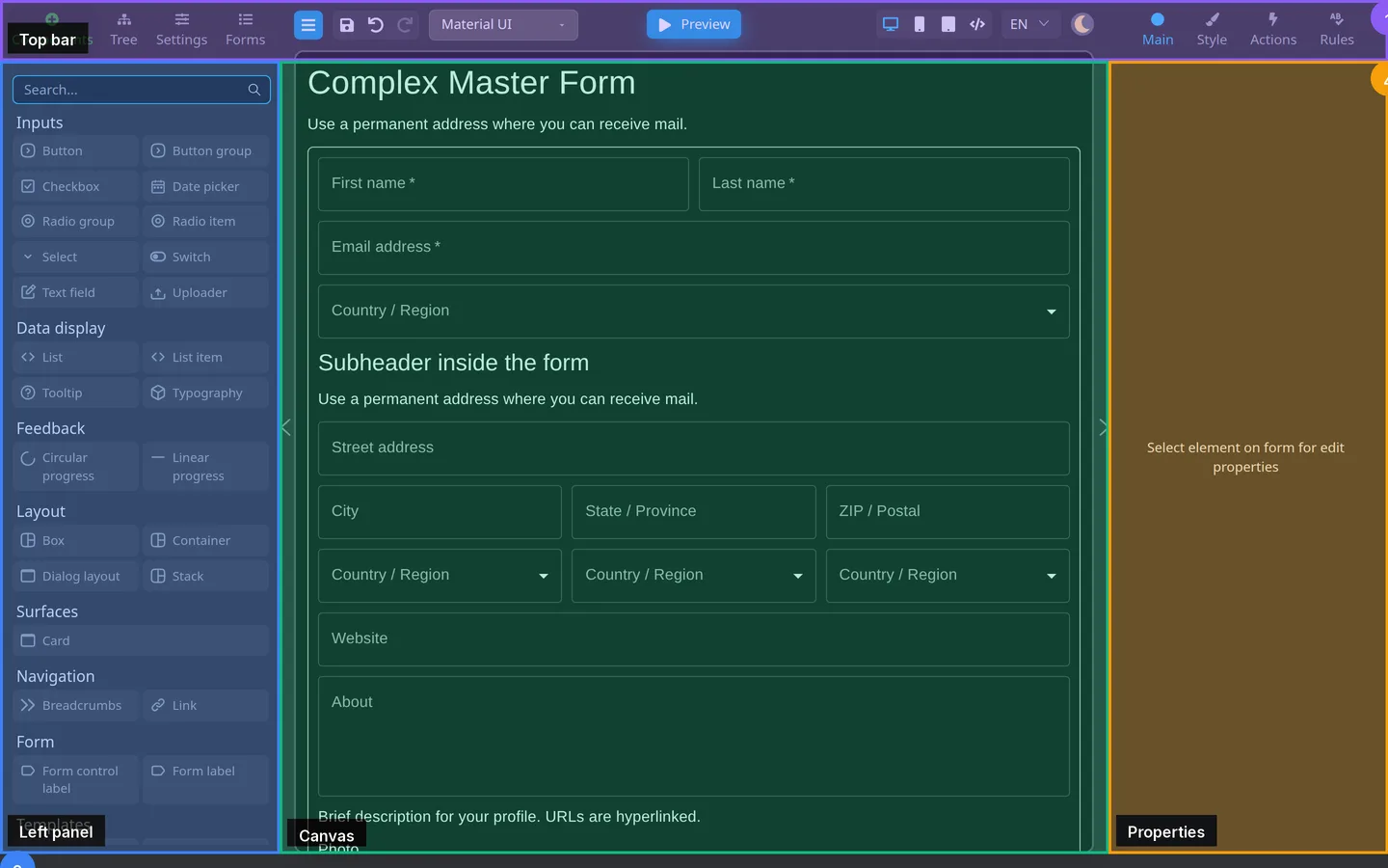 Workspace zones: left Settings tab and right button Actions.