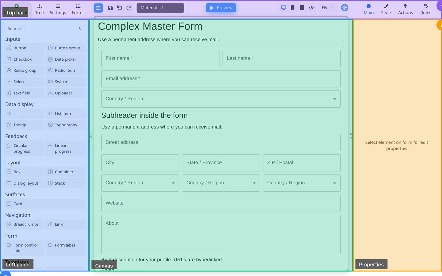 Workspace zones: left Settings tab and right button Actions.