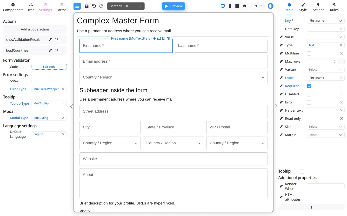 Settings tab for form-level actions.