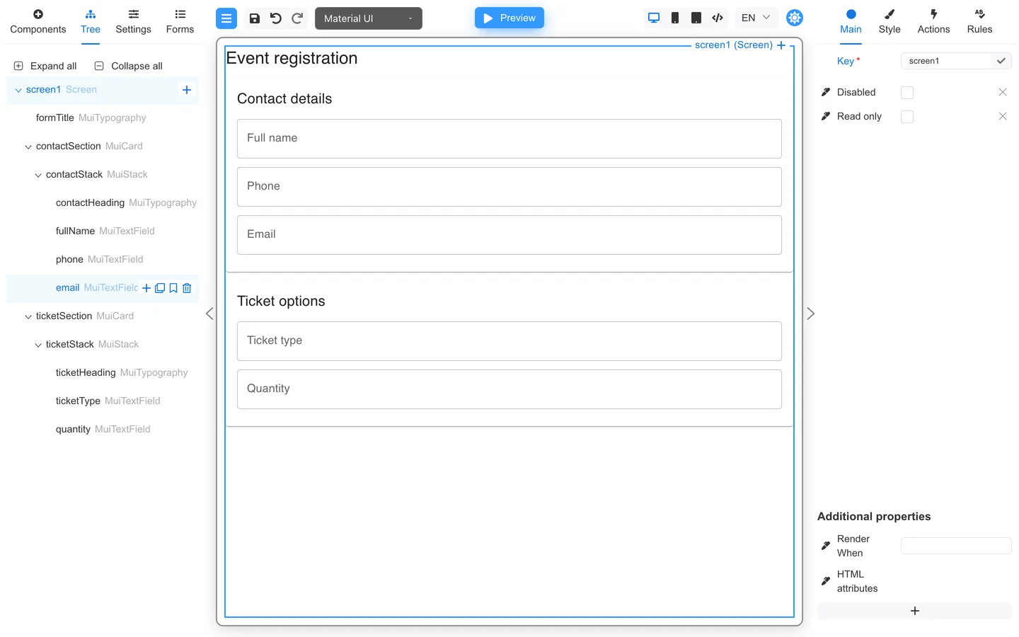 Event registration after dragging phone above email in Tree.