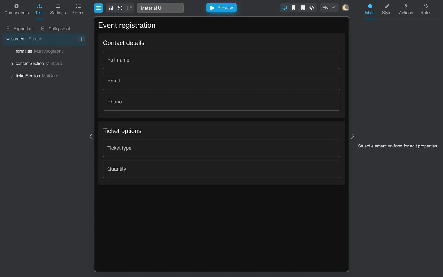 Tree tab on Event registration with component hierarchy.