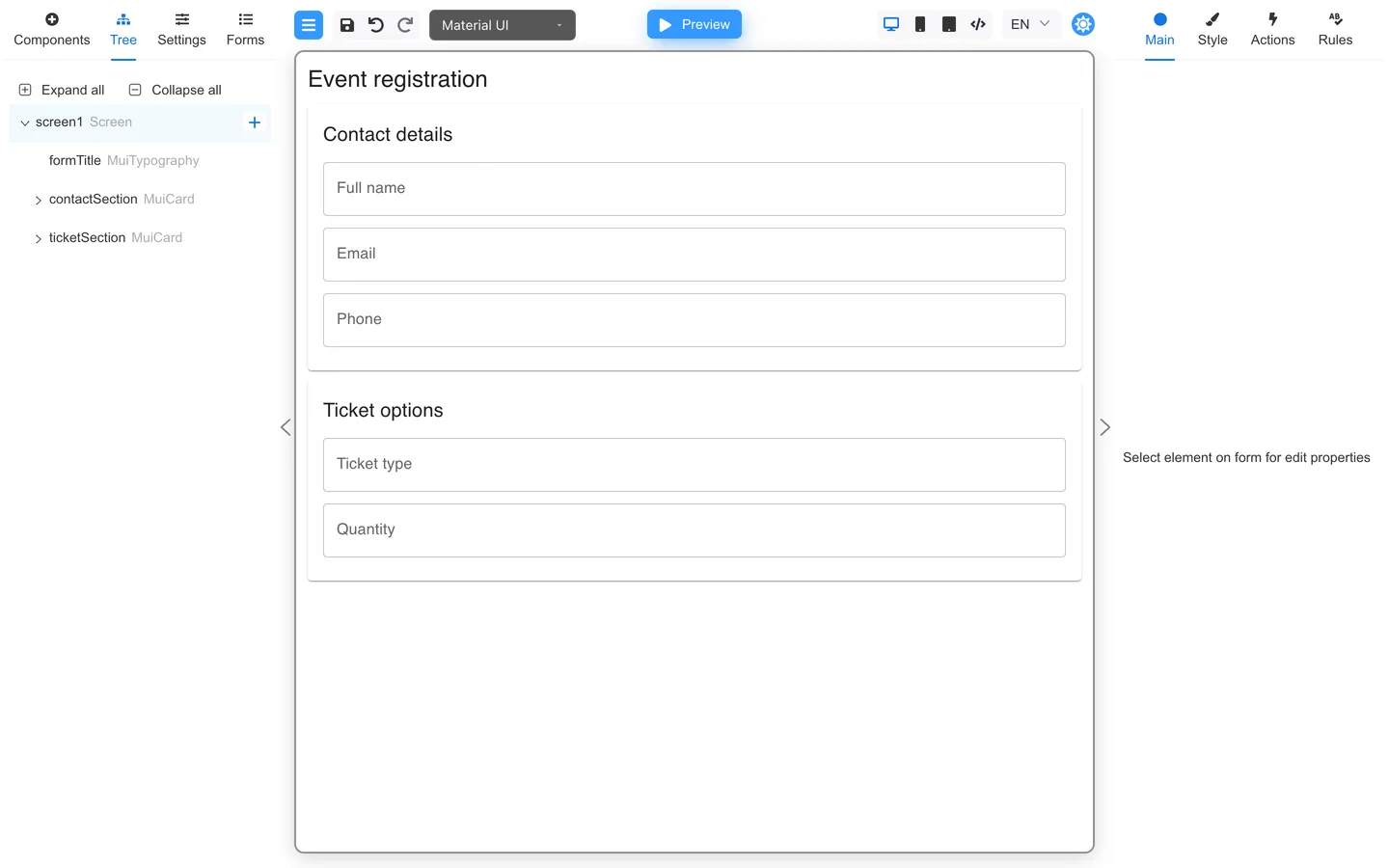 Tree tab on Event registration with component hierarchy.